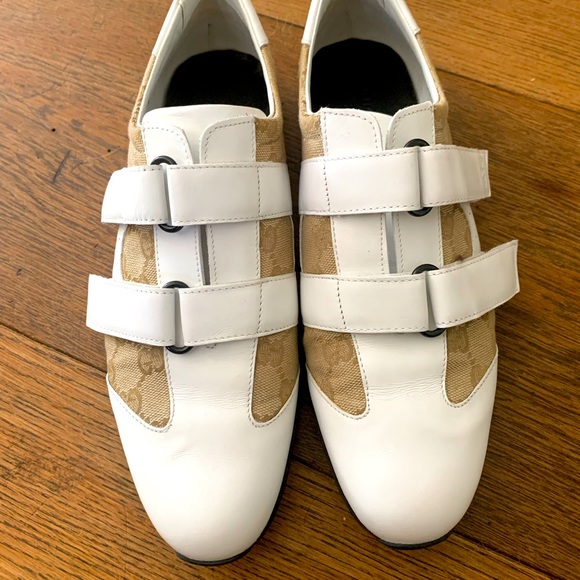 Gucci White-Beige GG Canvas and Leather Velcro Sneakers - Picture 1 of 5